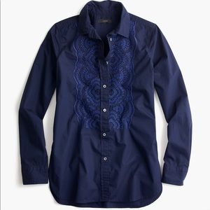 J Crew Navy Embroidered Bib Shirt